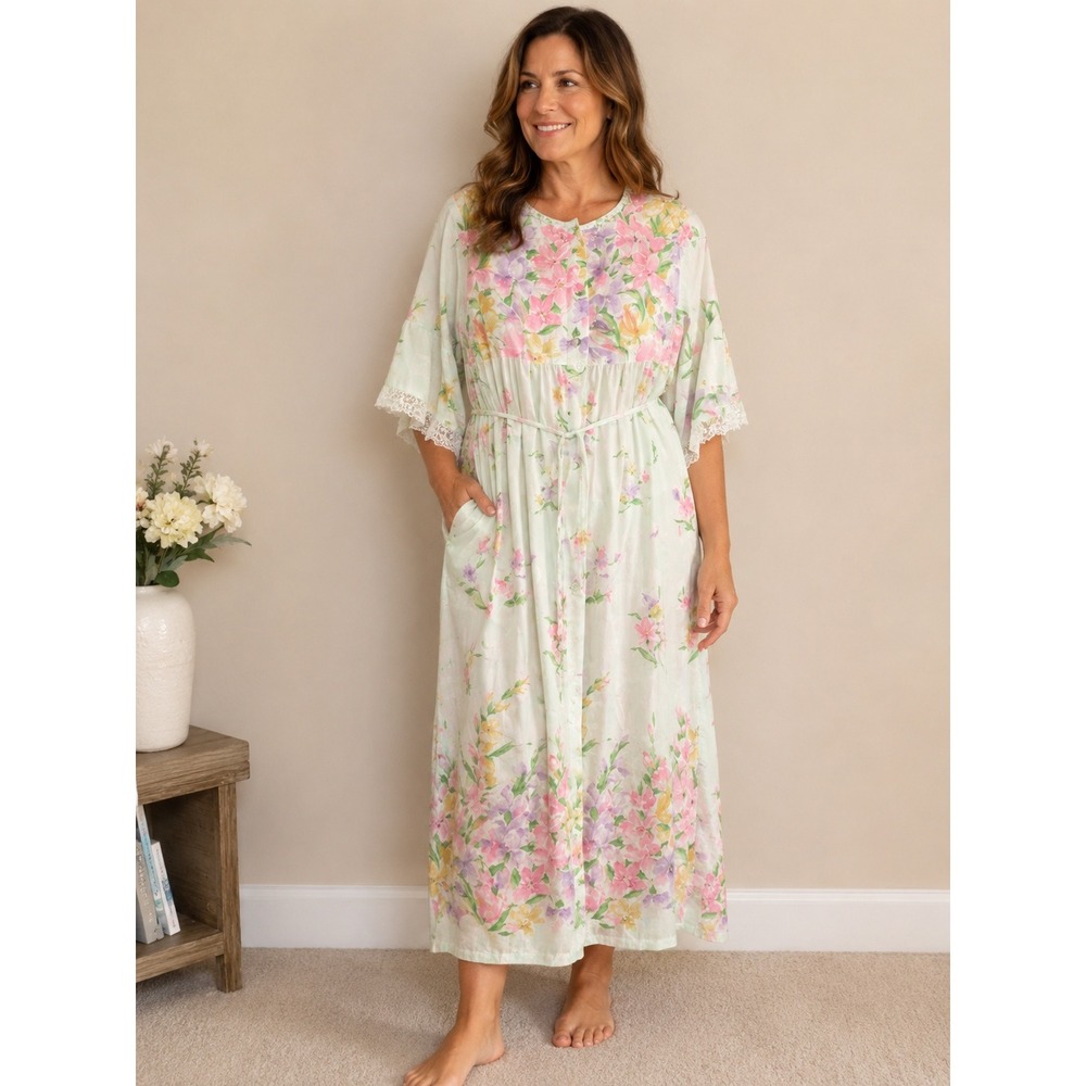 Vintage Deena California Floral Maxi Nightgown‎ Lace Bell Sleeve Pastel Medium